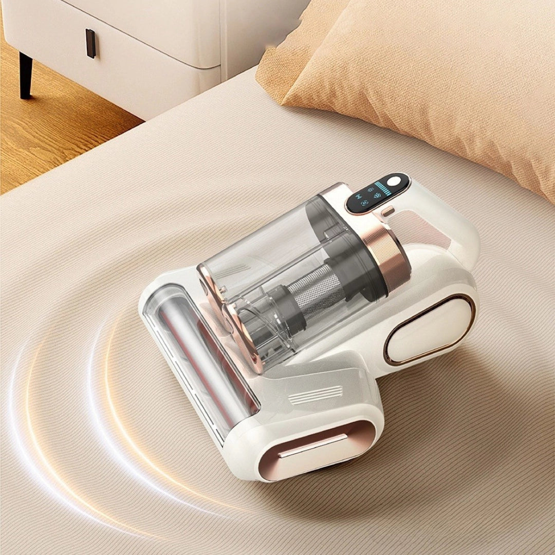 Cordless vacuum cleaner gently cleaning mattress with soft light