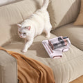 Cat walking on sofa while vacuum removes fur and allergens