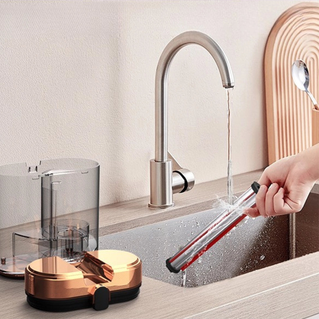 Dust container and roller brush rinsed under faucet for easy maintenance
