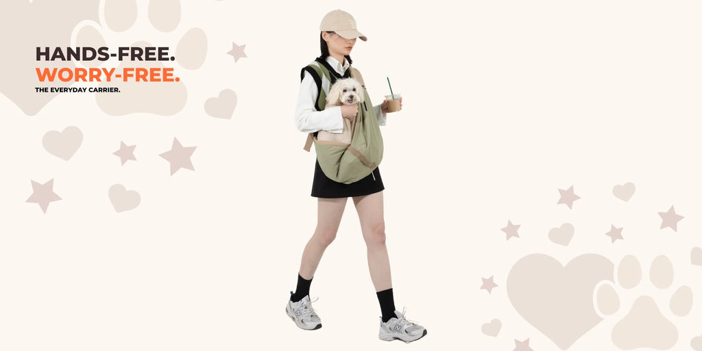 Woman walking with everyday pet carrier crossbody bag, small dog inside, perfect for daily errands