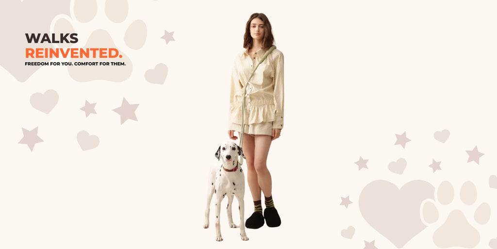 Woman walking Dalmatian with green hands-free dog leash – UNIPATS leash banner