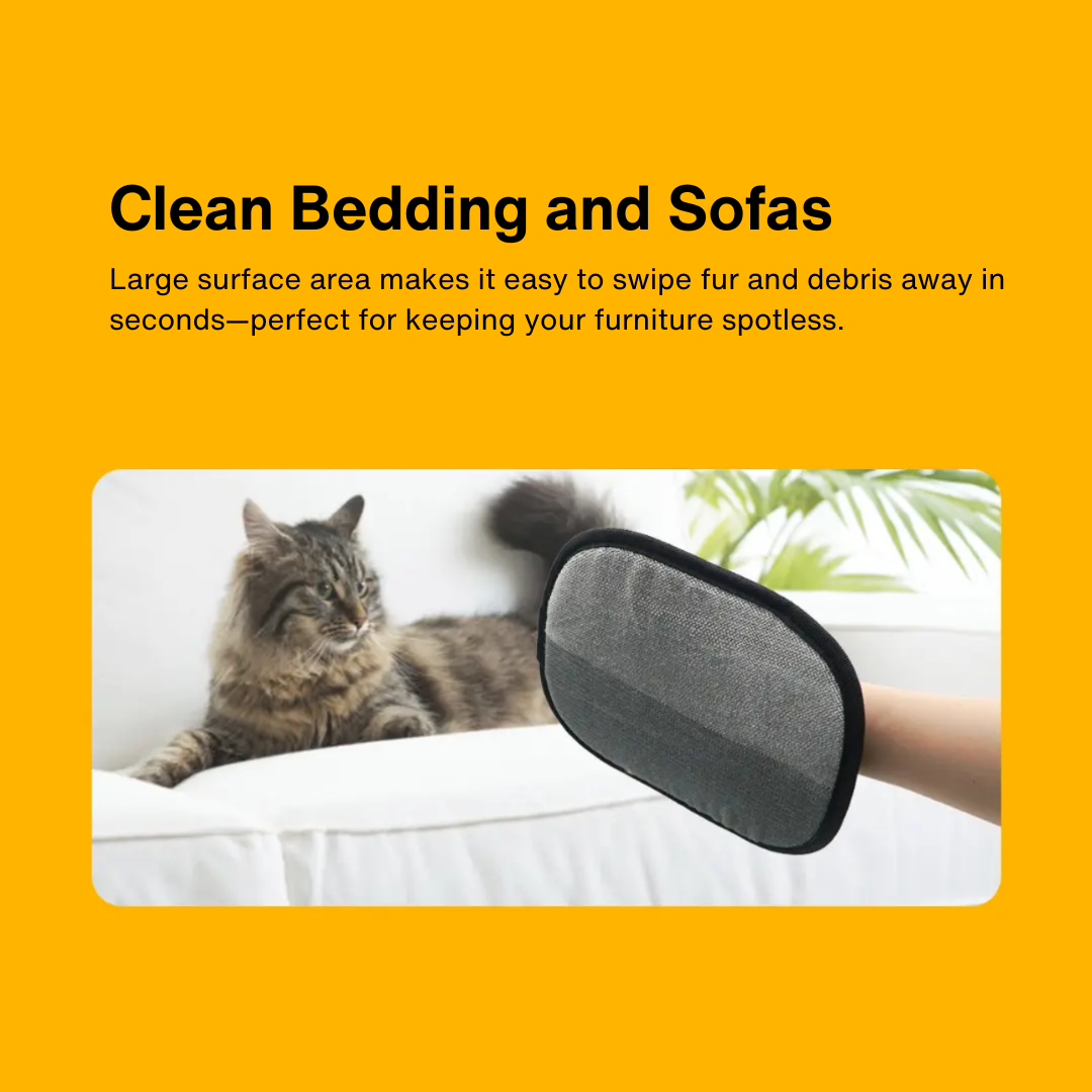 Dual-sided pet grooming glove cleaning fur from bedding and sofas for spotless furniture.