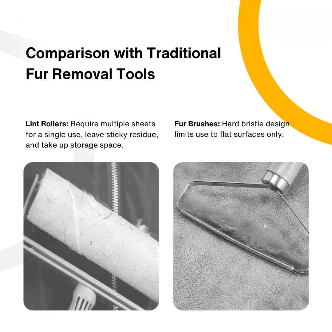 Comparison of traditional lint rollers and brushes with dual-sided pet grooming gloves.