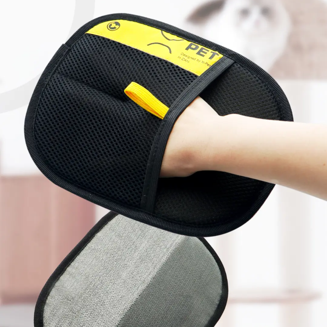 Black dual-sided pet grooming glove showing mesh side and anti-static cleaning side.